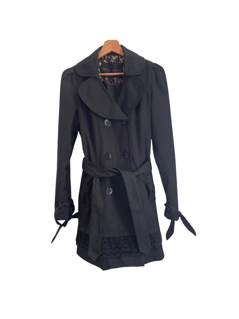Betsey Johnson Black Trench Coat Size M Eyelet Lace Hem Belted Whimsigoth